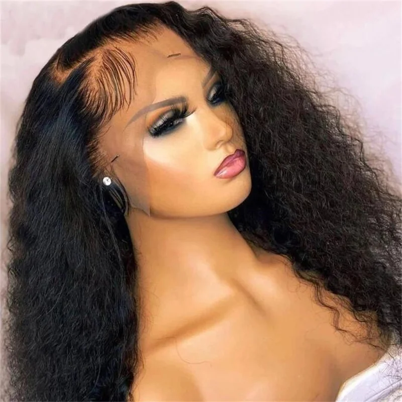 Peruca dianteira longa do laço encaracolado para mulheres, preto natural, Kinky, encaracolado, cabelo do bebê, pré-arrancado, resistente ao calor, sem cola, peruca diária, 26 ", 180 Densidade