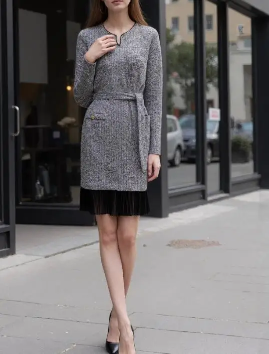 

Women's Dress 2026 Autumn and Winter Elegant New V-Neck Plaid Knitted Patchwork Pleated Gauze Skirt Dress Suitable for Parties