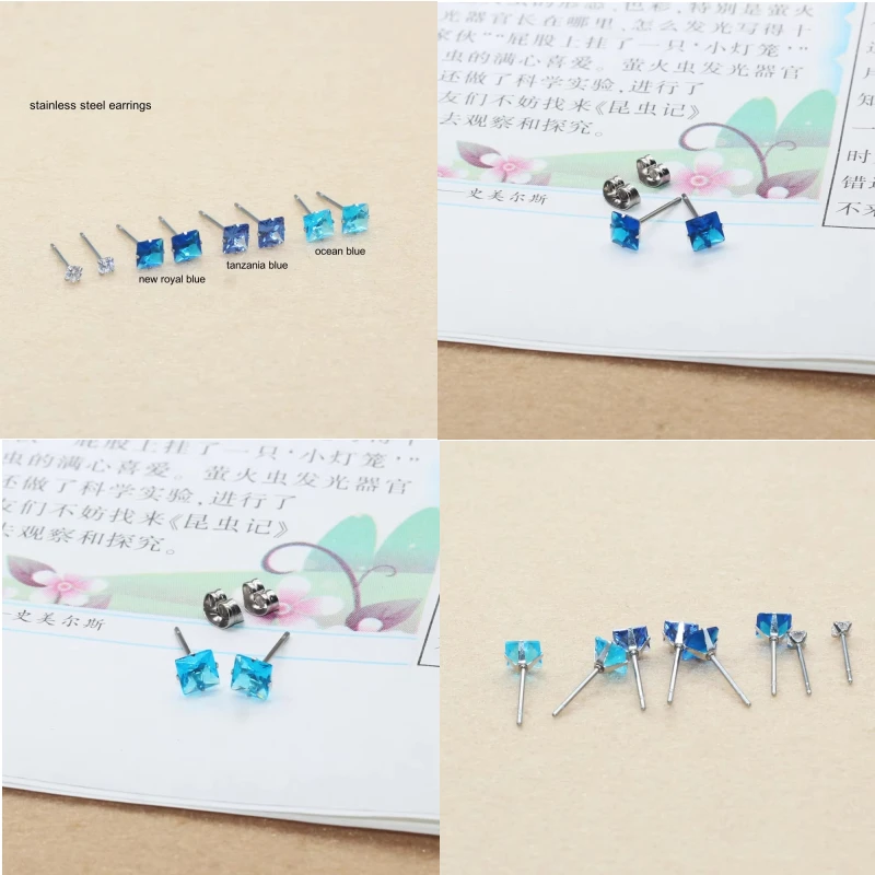 

5mm Square Blue Zircon Stainless Steel Stud Earrings Brief Style for Men And Women Jewelry Accessory