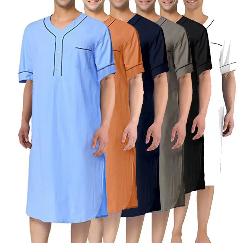 

Mens Muslim Robe Pocket Home Printed Nightgown Middle East Arab Islam Breathable Casual Simple Robe Men'S Clothing 2024 Summer