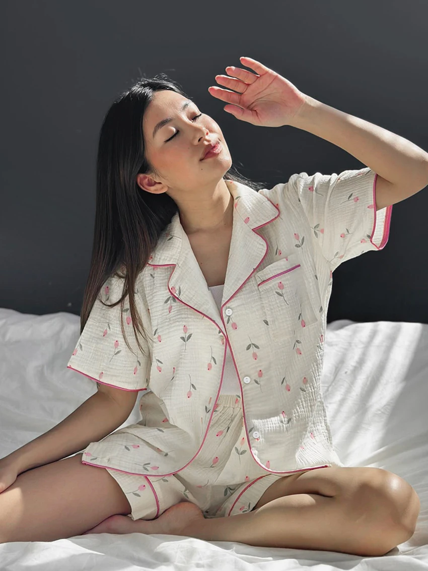 Marthaqiqi Cotton Ladies Pajamas 2 Piece Suit Short Sleeve Sleepwear Turn-Down Collar Nightie Shorts Casual Female Nightgown Set