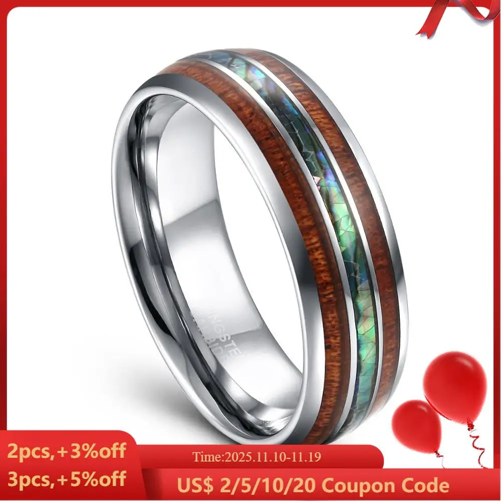 

Кольца TIGRADE 8 мм из карбида вольфрама, гавайская древесина КоА и Абалон, обручальные кольца для мужчин, удобные, размер 6-13, бренд bague