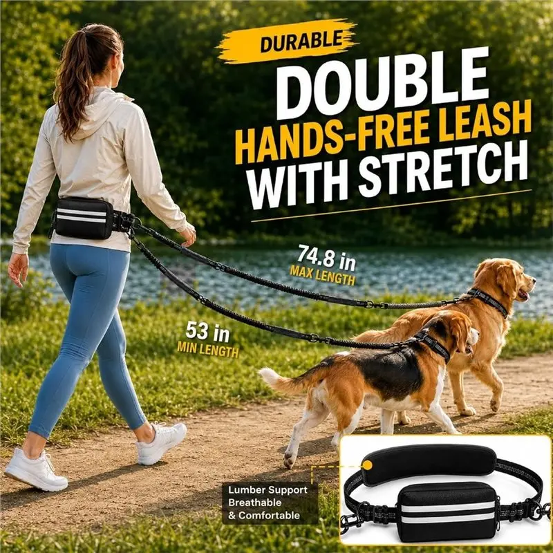 For 2 Dogs, Hands Free Double Dog Leash Shock Absorbing Bungee, Adjustable Waist Belt& Pouch