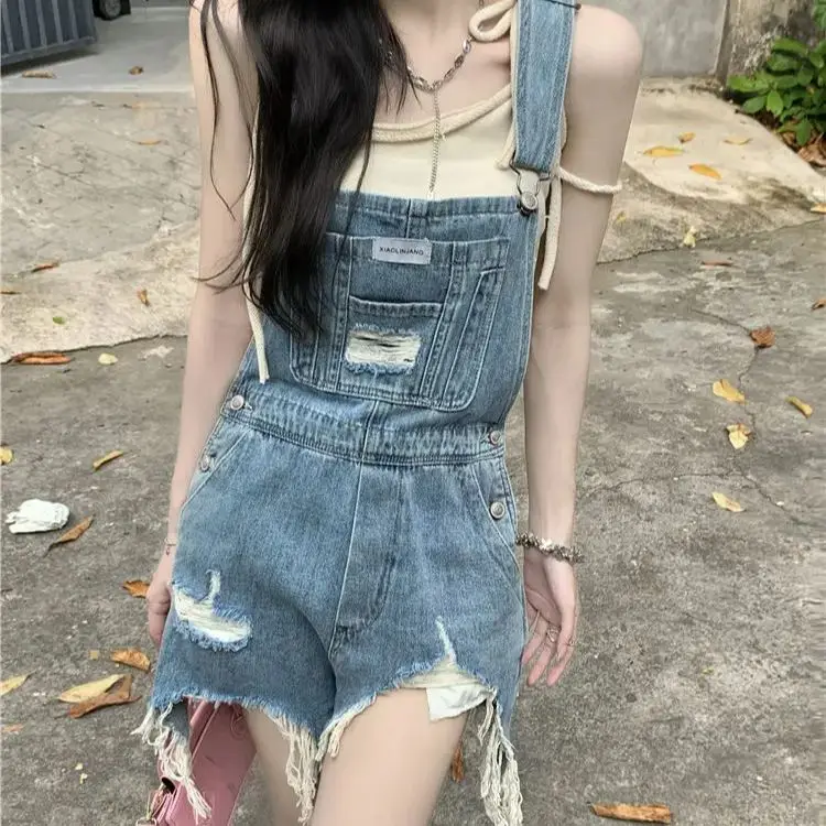 

Denim Braces Trousers Hole Frayed Casual Summer Korean Style Students Loose Women Fashion Popular High Waist Braces Trousers