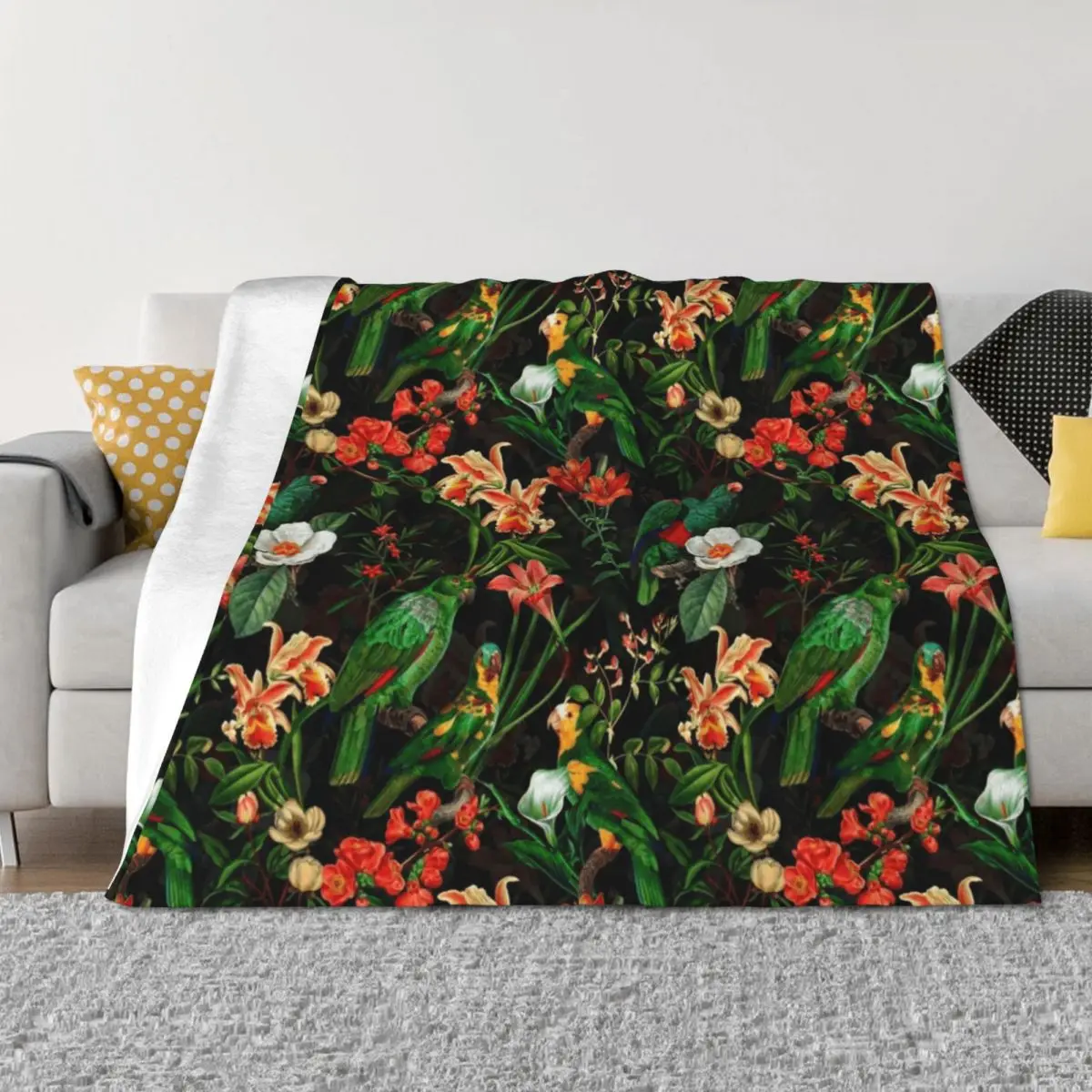 

Pierre Joseph Redoute tropical vintage jungle flowers and parrots nostalgic mystic Botanical Night Garden pattern Throw Blanket