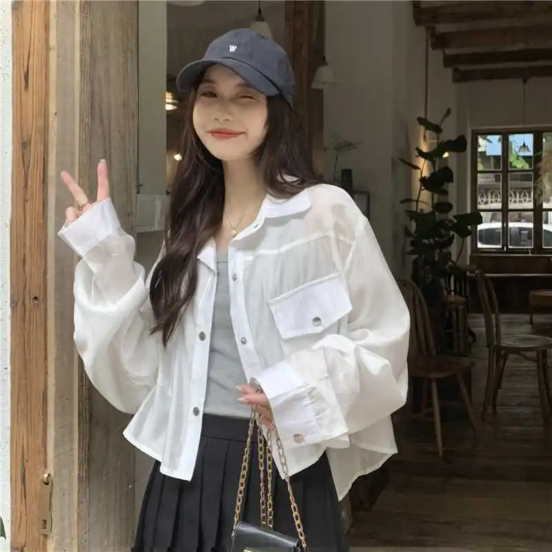 

Summer Loose ort irt Outer Women's Long SVE Retro Sle Casual Pure Color Button up irt Sve Polyester Fiber 00%