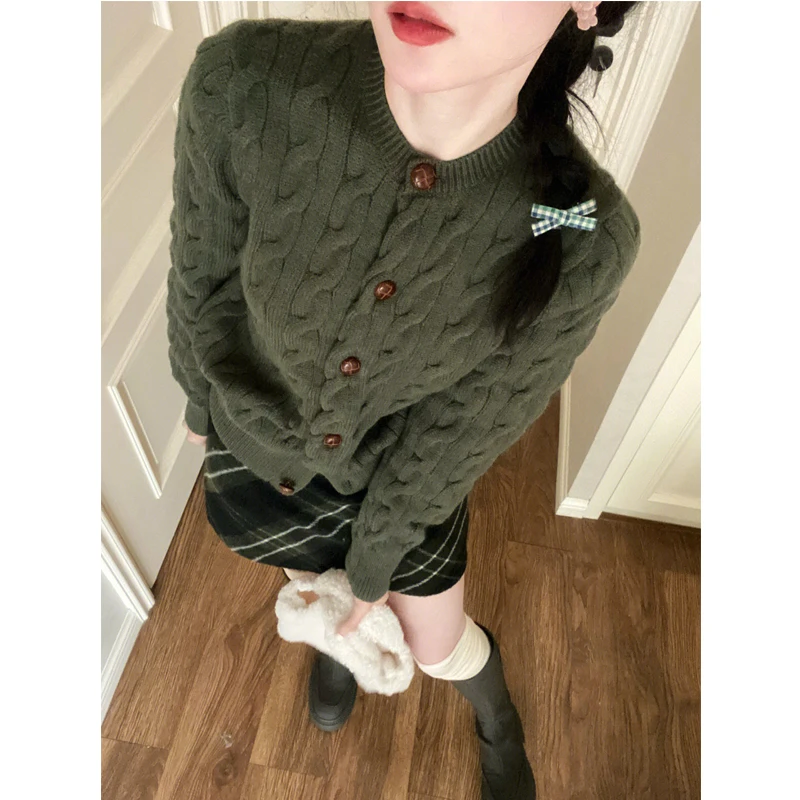 Korobov Dark Green Twist Cardigans Vintage Single-breasted Sweater O Neck Knitting Autumn Winter Clothes Women New In Thick Coat