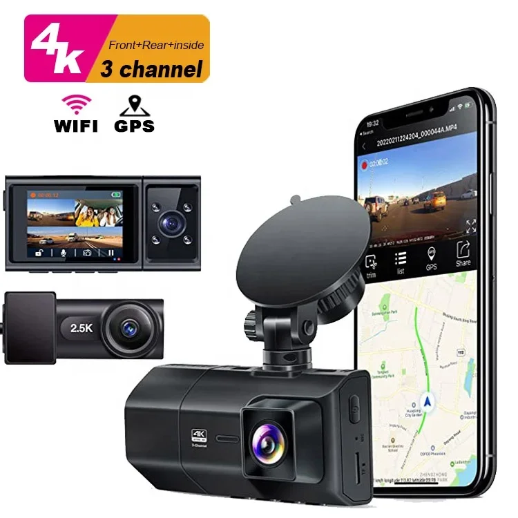 Dash camera 4k dashcam car dvr wifi gps 3 canali dash cam anteriore e posteriore all\'interno 3 lenti 4k wifi 3 vie dashcam