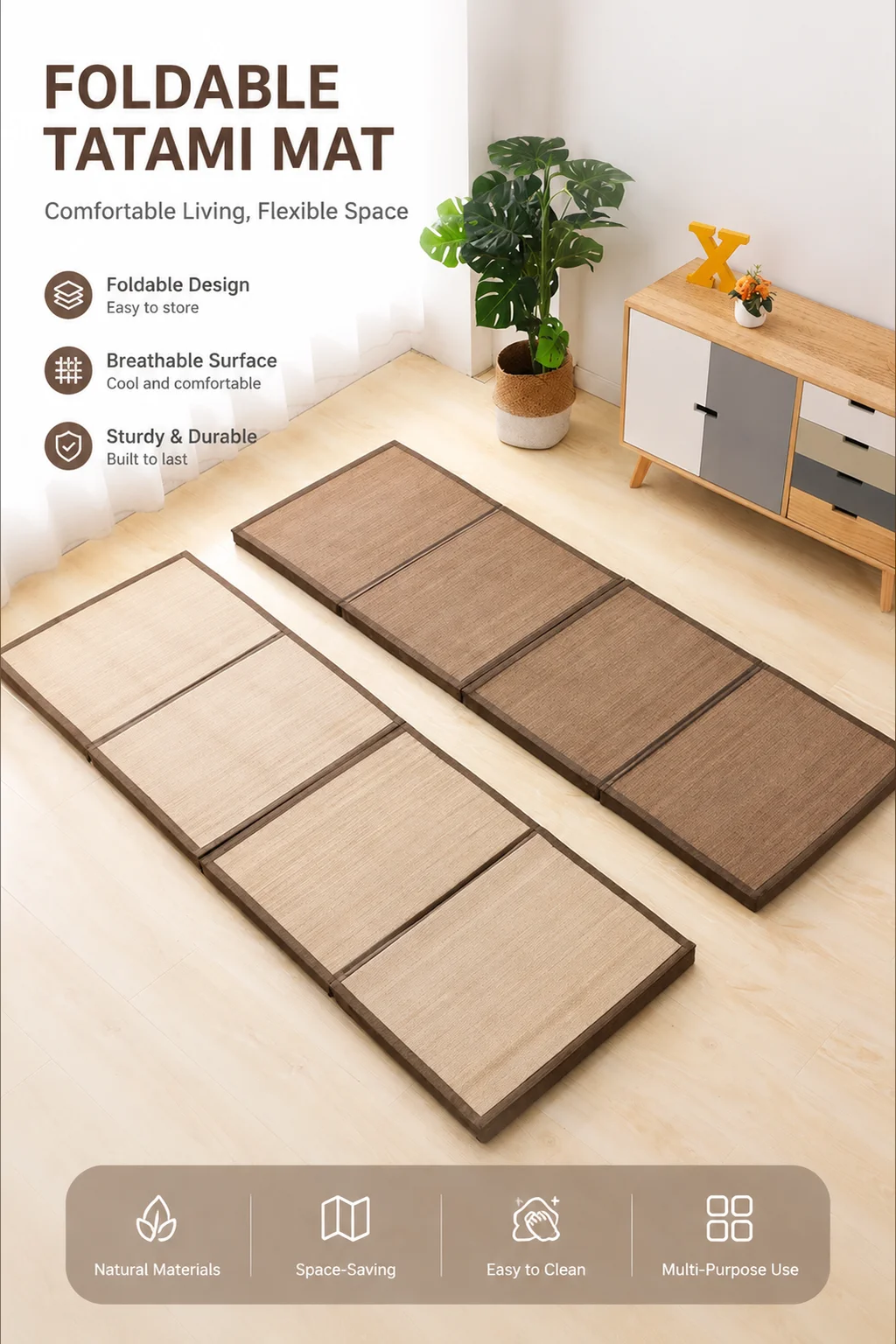 Foldable Bamboo-Woven Tatami Mat – Thick Modular Floor Cushion for Study, Tea Room, or Living Space