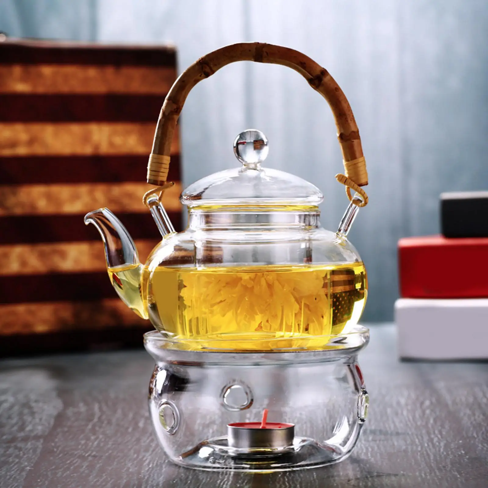 

Glass Teapot, Water Wood Handle with Infuser Tea Kettle for Beverage