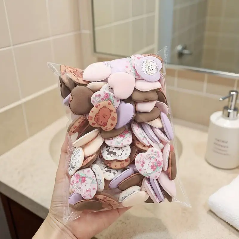 10Pcs Printed Heart Mini Finger Powder Puffs Expand When Exposed To Water, Can Be Used Both Wet And Dry