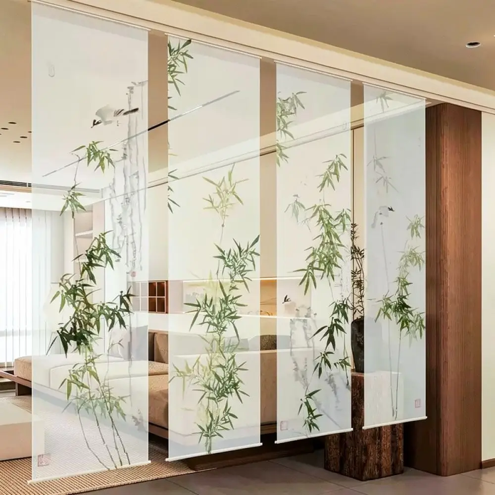Decorative Bamboo Pattern Gauze Hanging Tapestry Zen Room Backdrop Partition Curtain Oriental Style Home Interior