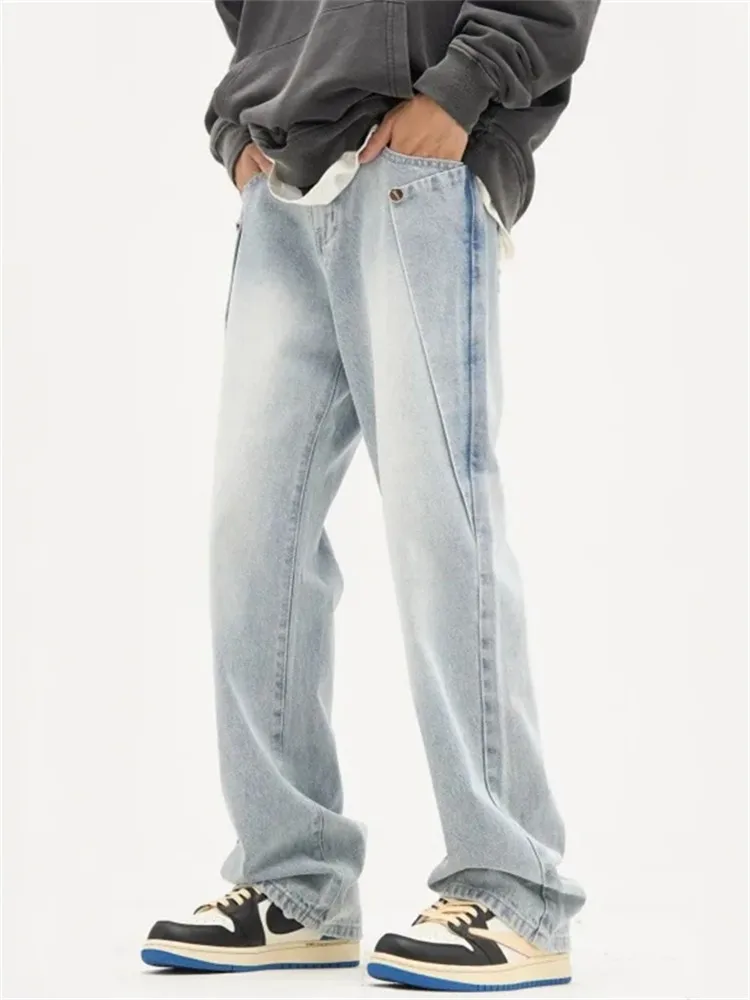 Light Blue Jeans Men Y2K Solid Color Straight Pants with Button Pockets Loose Simple Trousers A149