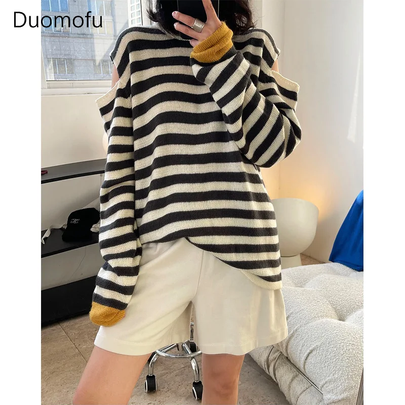 Duomofu Korean Classic Striped Basic Spell Color Female Pullovers Simple Hollow Out Casual Fashion Knit Sweater Women Pullovers