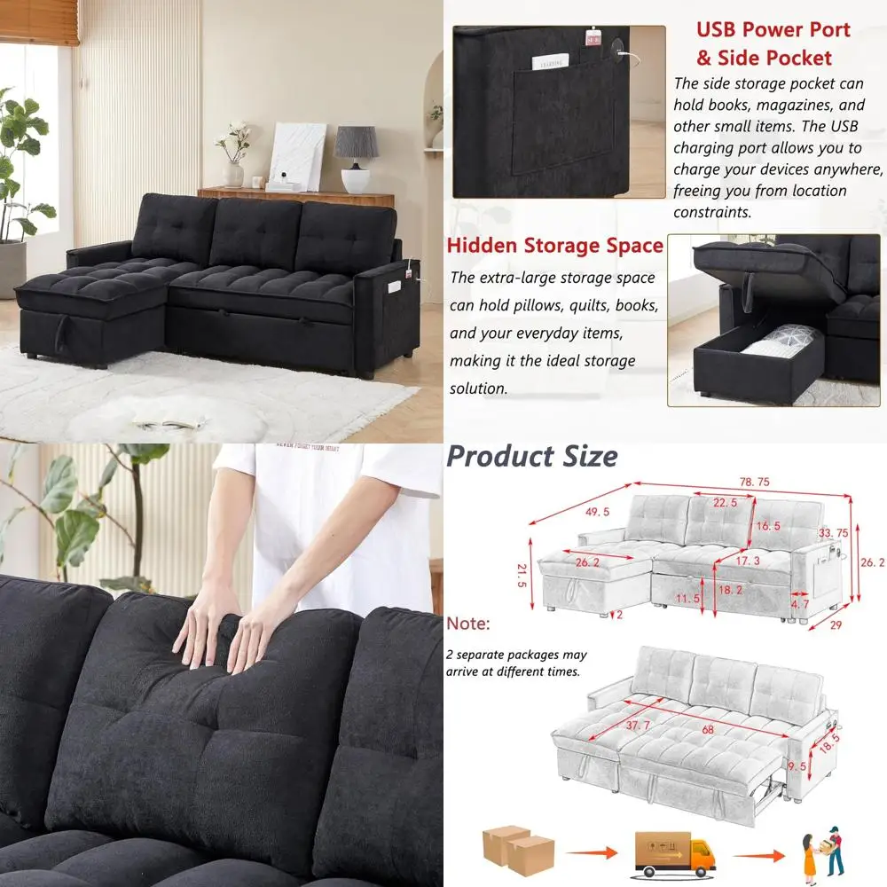 Двусторонний секционный диван, 78 L-образный 3-местный диван из синели с выдвижной кроватью для удобных сидений