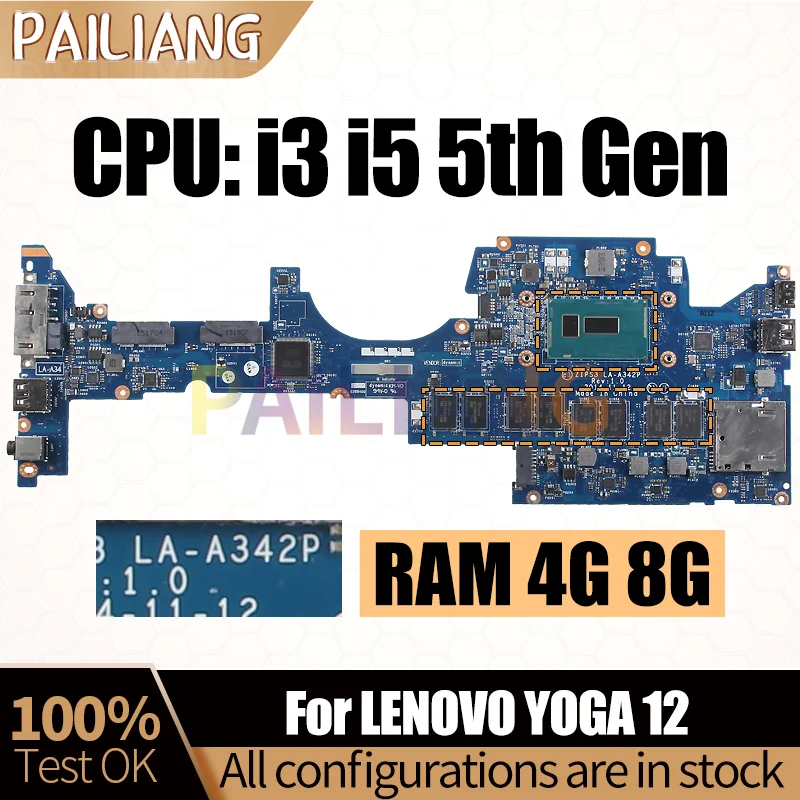 

For LENOVO YOGA 12 Notebook Mainboard Laptop LA-A342P i3 i5 5th Gen 4G 8G 01AY502 01AY504 01AY526 Motherboard Full Tested