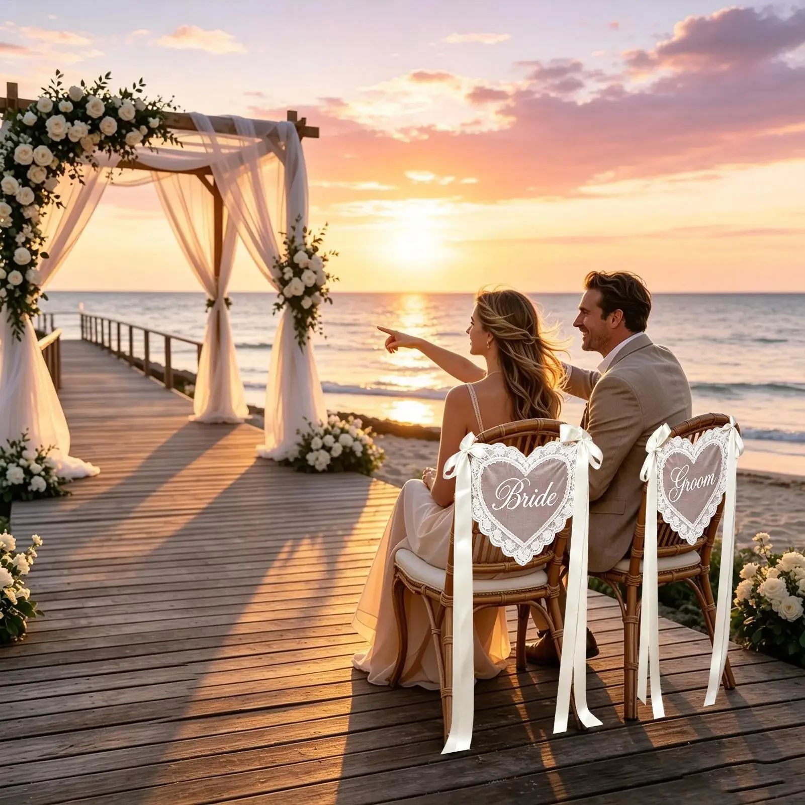 2 Piece Just Married Chair Sign Lace Heart with 3 Ribbon Meters Elegant Wedding Chair Decor for Reception Ceremony Bridal Shower