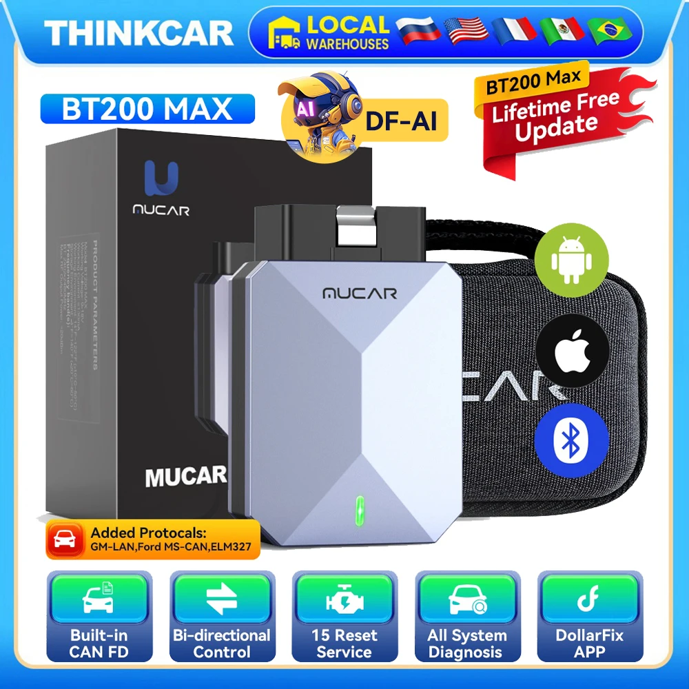 Автомобильный сканер OBD2 MUCAR BT200 MAX, 15 сбросов, бесплатное обновление, BI-направленные диагностические инструменты, поддержка протокола CANFD ELM327