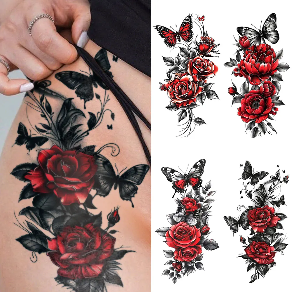 4pcs Waterproof Temporary Tattoo Sticker Dark Style Butterfly Red Rose Flowers Leaves Body Art Arm Fake Tattoos Sleeve Women Men
