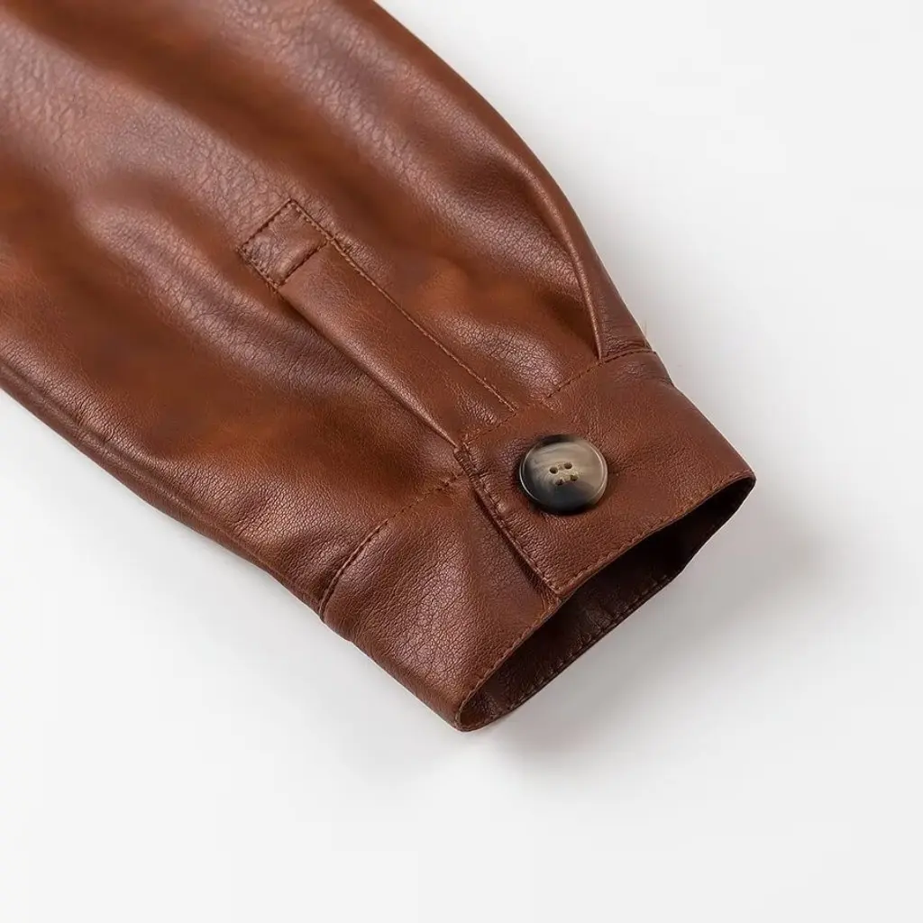 Damski płaszcz z brązowej skóry PU, styl vintage, olejowany, na wiosnę i jesień, uniwersalny, w stylu europejsko-amerykańskim, z tekstylnym akcentem, niszowy.