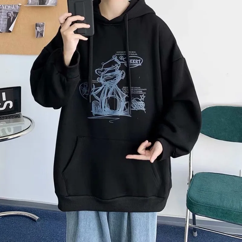 With Hat Hoodies Men Print Design Fashion Hooded All-match Handsome High Street Personality Baggy Casual Ulzzang Teenagers Chic