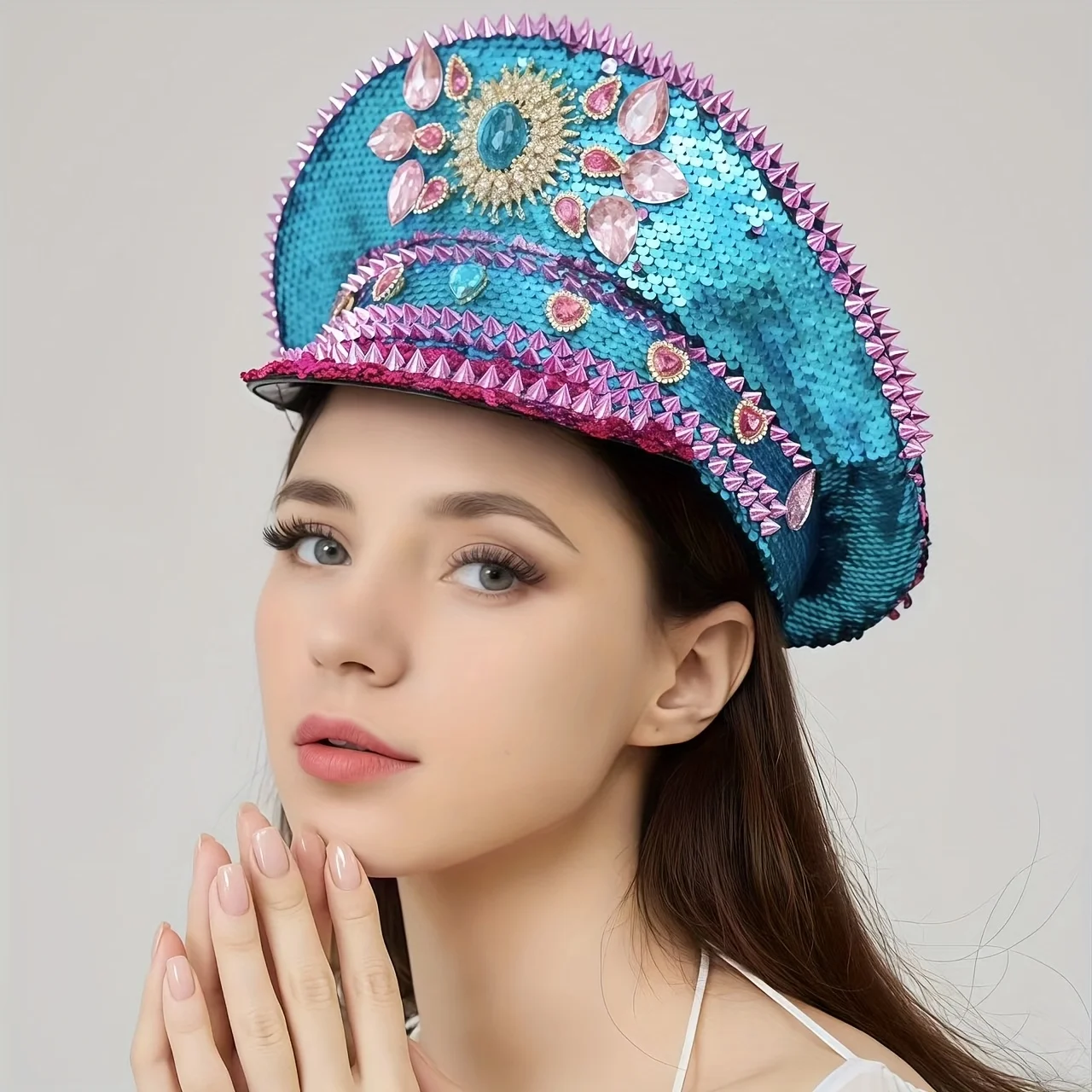 ホンルアン イエローレーザーレザーループキャプテンハット ラインストーン＆ミリタリーキャップ 女性用、レイブフェスティバルアクセサリー＆パーティーキャップ男性用