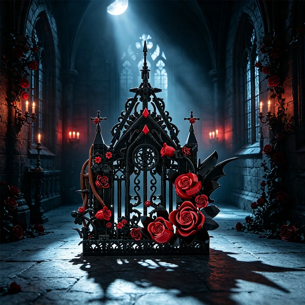 MOC Gothic Window Building Blocks Kit Romance Flower Iron Window Rose Bouquet Decor Bricks Toys Adult Gift