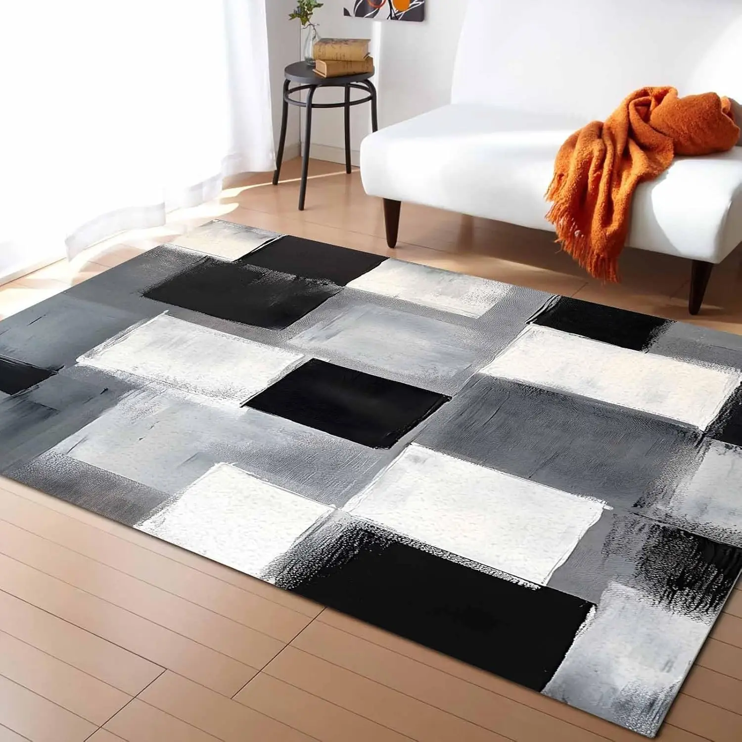 

Abstract Oil Painting Washable Area Rugs Black White Grey Watercolor Modern Art Non Slip Rugs for Living Room Bedroom, Low Pile