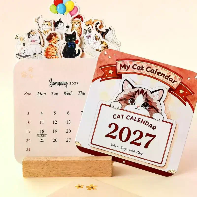 2027 Cute Cat Desk Calendar Wooden Base 12 Painting Art Cards Daily Monthly Planner Decor For Office Home School