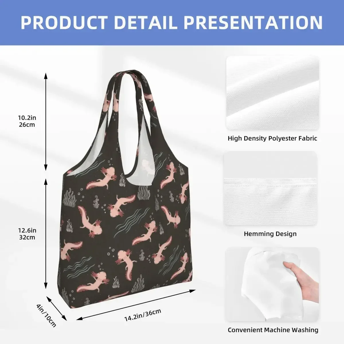 Kawaii Print Axolotl Pattern Tote Shopping Bags Portable Canvas Shopper Shoulder Salamander Animal Bags Photography Handbags