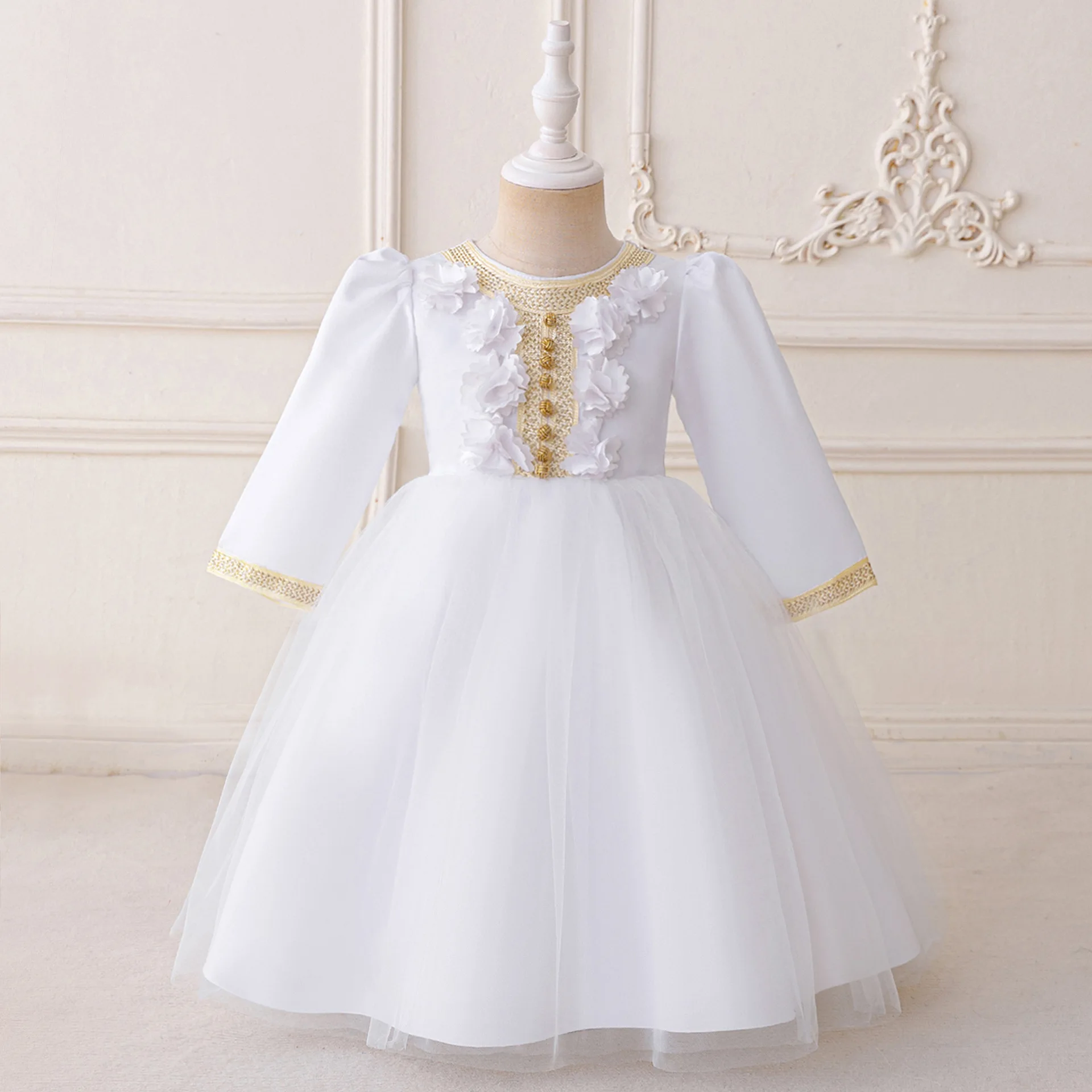 Ramadan Muslim Prayer Arab Robe Baby Girl Dress Long Sleeve Dubai Eid Party Enfant Casual Princess Dress Flower Prom Kids Clothe