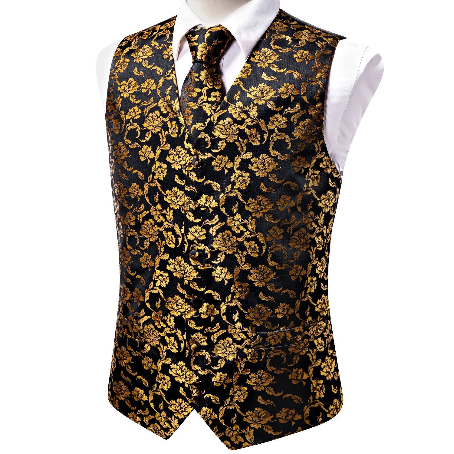 Herrenwesten Jacquard-Weste Krawatte Einstecktuch Manschettenknöpfe Brosche Set für Herren Anzug Ärmellose Jacke Hochzeit Geschäft Party – Detail 5