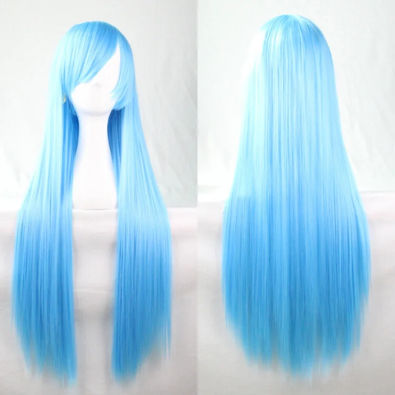 

light Blue 80cm Straight Sleek Long Full Hair Wigs w Side Bangs Cosplay Costume