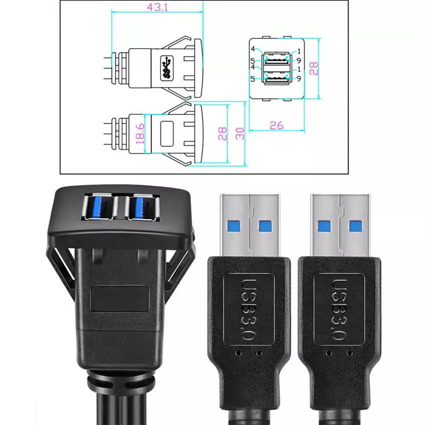 1PCS Flush Mount USB Dock Adapter Dashboard Panel 3.0 Port Male to Female Cable 1M/2M option