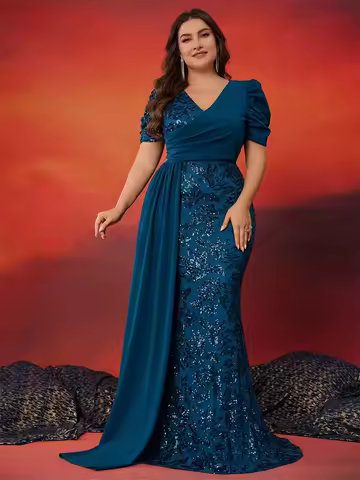BLUEPLUM Plus Size Elegant V-neck Sequins Evening Dress Women Short Sleeves Mermaid Formal Luxury Party Streamer Prom Dress