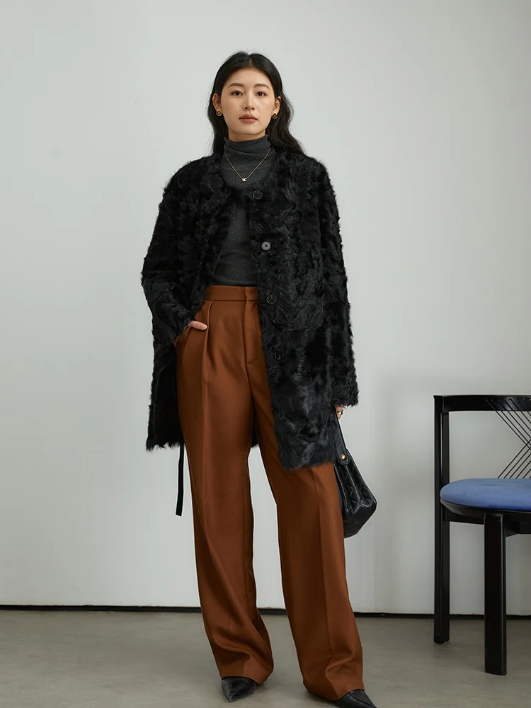 High-end หรูหราของแท้หนังขนสัตว์ฤดูหนาวสําหรับผู้หญิงสวมใส่สองด้านออกแบบความยาวกลาง Belted Lamb FUR JACKET