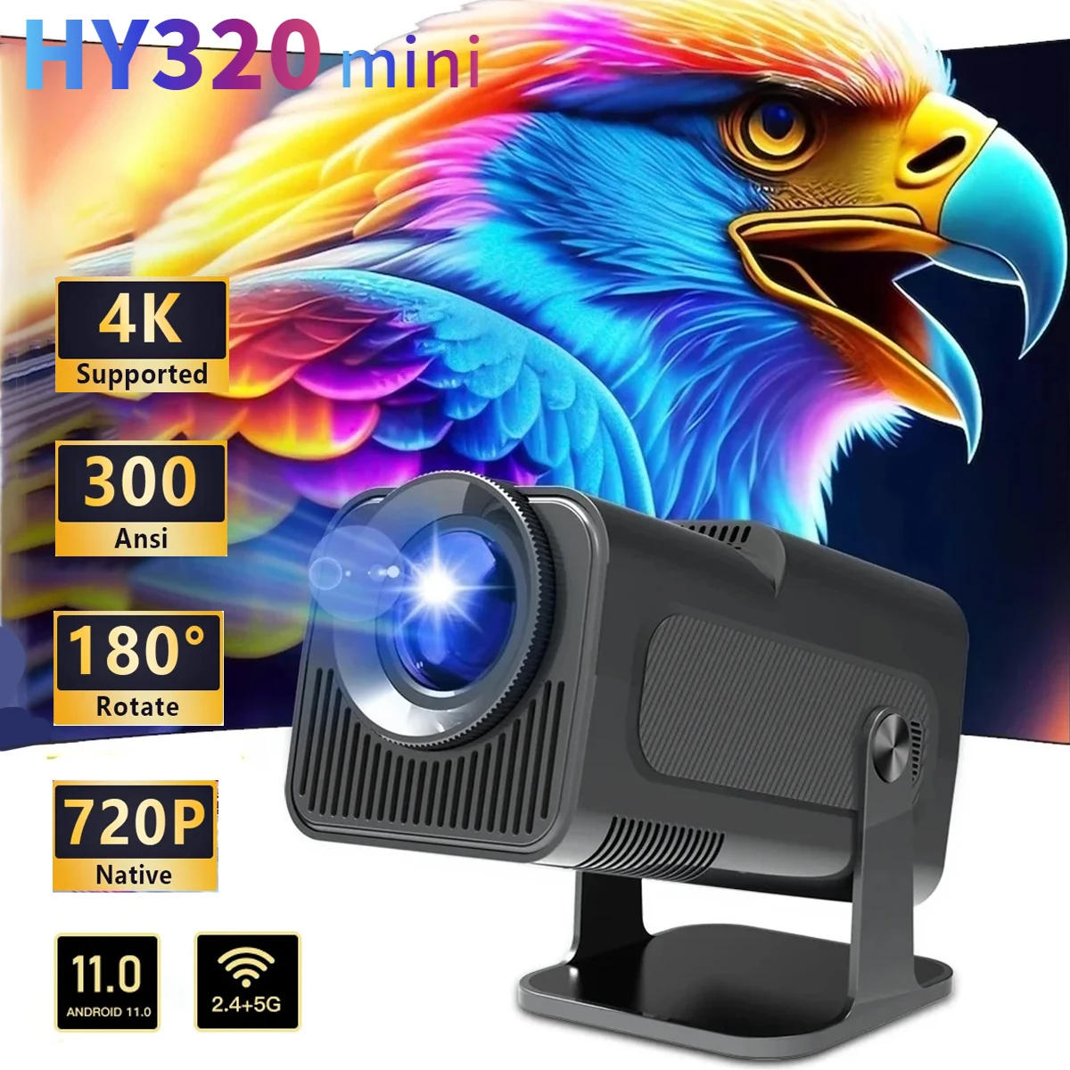 Branches HY320 Mini Newly Native Android11 4K Projector 300ANSI Wifi6 BT5.0 Cinema 720P Outdoor Portable 180° Rotable Projector