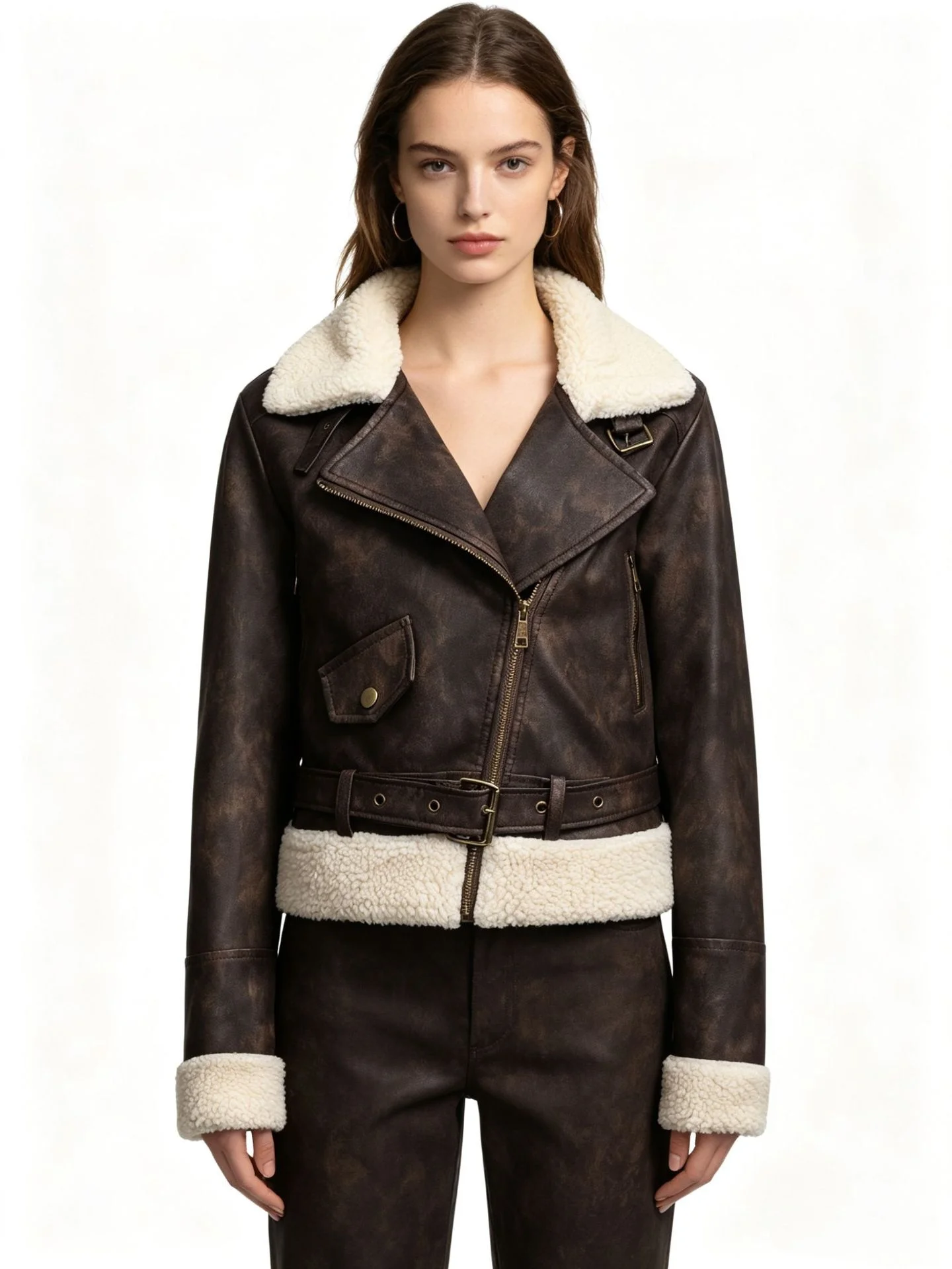 

Women's Retro Fur Integrated Motorcycle Leather Jacket Lapel Style Autumn Winter Fashion Classic Biker Coat for Ladies