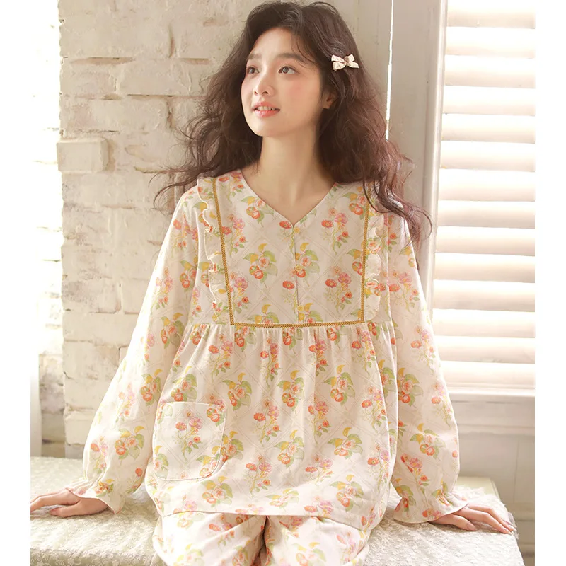 

Autumn Pure Cotton Gauze Pajamas Women's Long-sleeved Round Neck Pullover Floral Loungewear 2PCS Loose Suit Can Be Worn Outside