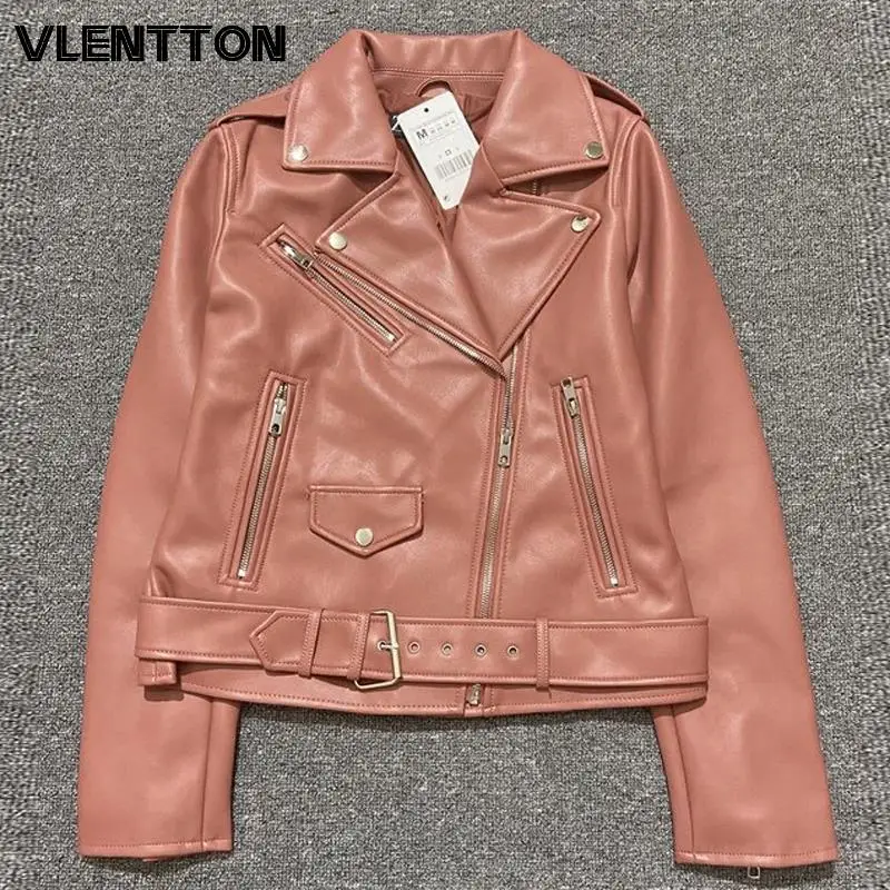 2022 Autumn Women Purple Chic Sashes Soft PU Faux Leather Jacket Zipper Biker Jackets Coat Female Casual Outwear Tops Mujer