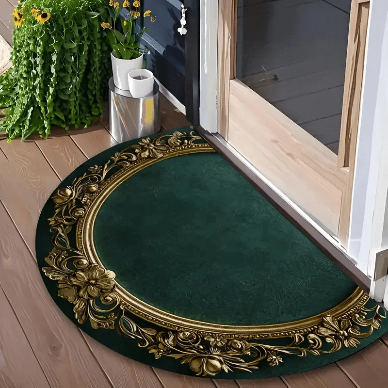 VIKAMA Luxury European Semi Circle Doormat Green Gold Floral Frame Flannel Non Slip Entrance Mat Front Door Home Decor