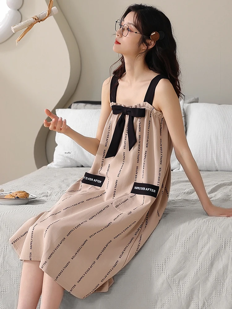 2025 Summer New Suspender Nightdress Women's Cotton Sexy Leisure  Loungewear Comfortable Thin Sweet Bow Simple Long Pajamas