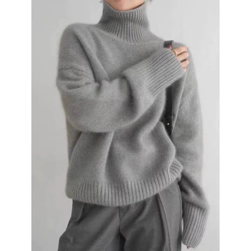 2025 AW Women's Thickened Cashmere Knit Sweater | Turtleneck Short Pullover | Solid Color Loose Lazy Style