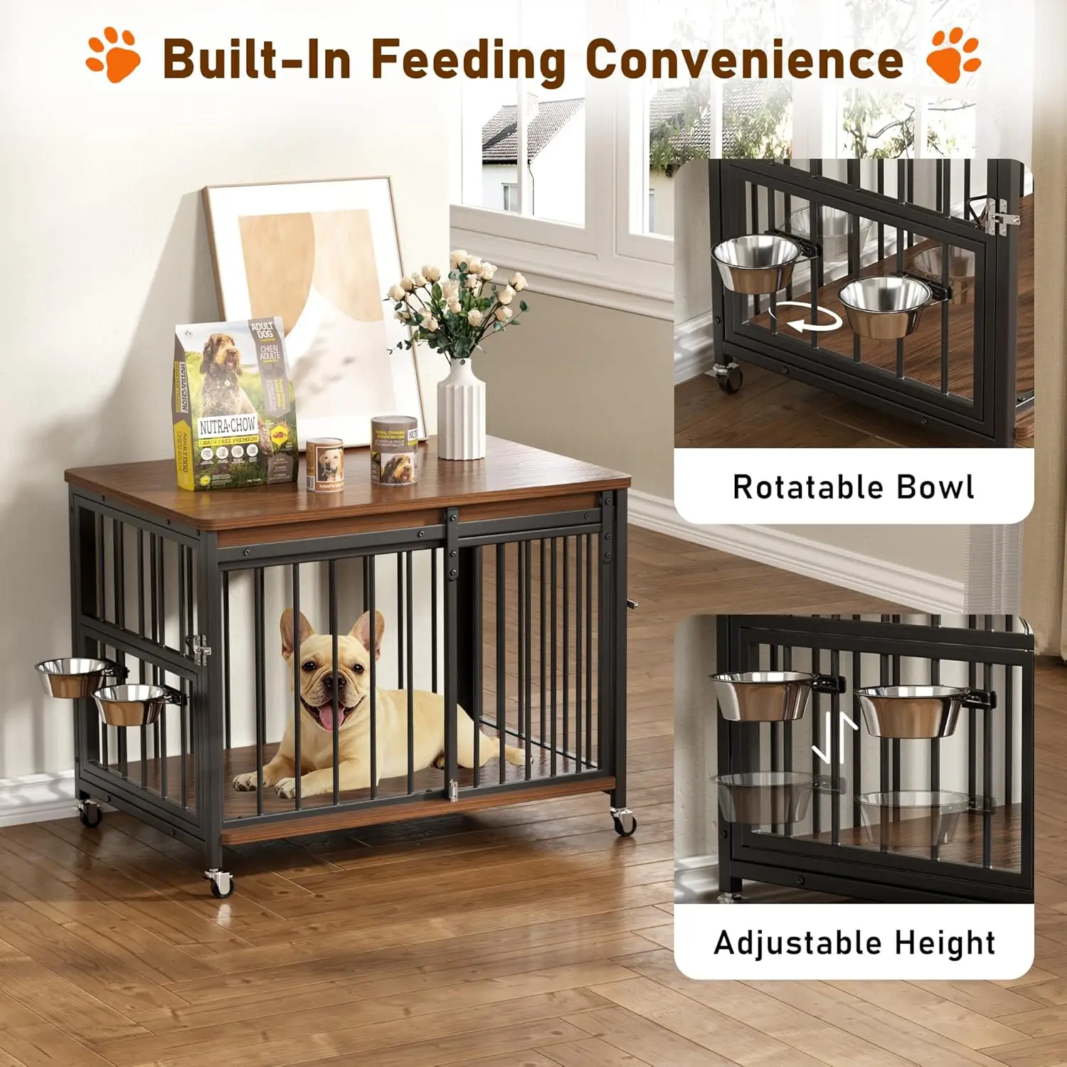 أثاث صندوق الكلاب، بيت كلب خشبي مقاس 32 بوصة داخلي مع باب أمامي منزلق، فتحات متعددة الجوانب ونافذة تغذية بيت قفص الحيوانات الأليفة