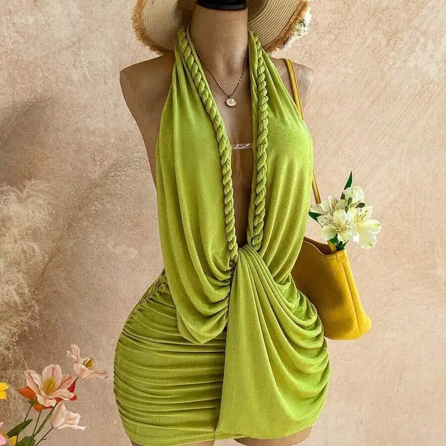 

Women Solid Color Halter Draped Sleeveless Mini Dress Summer Fashion