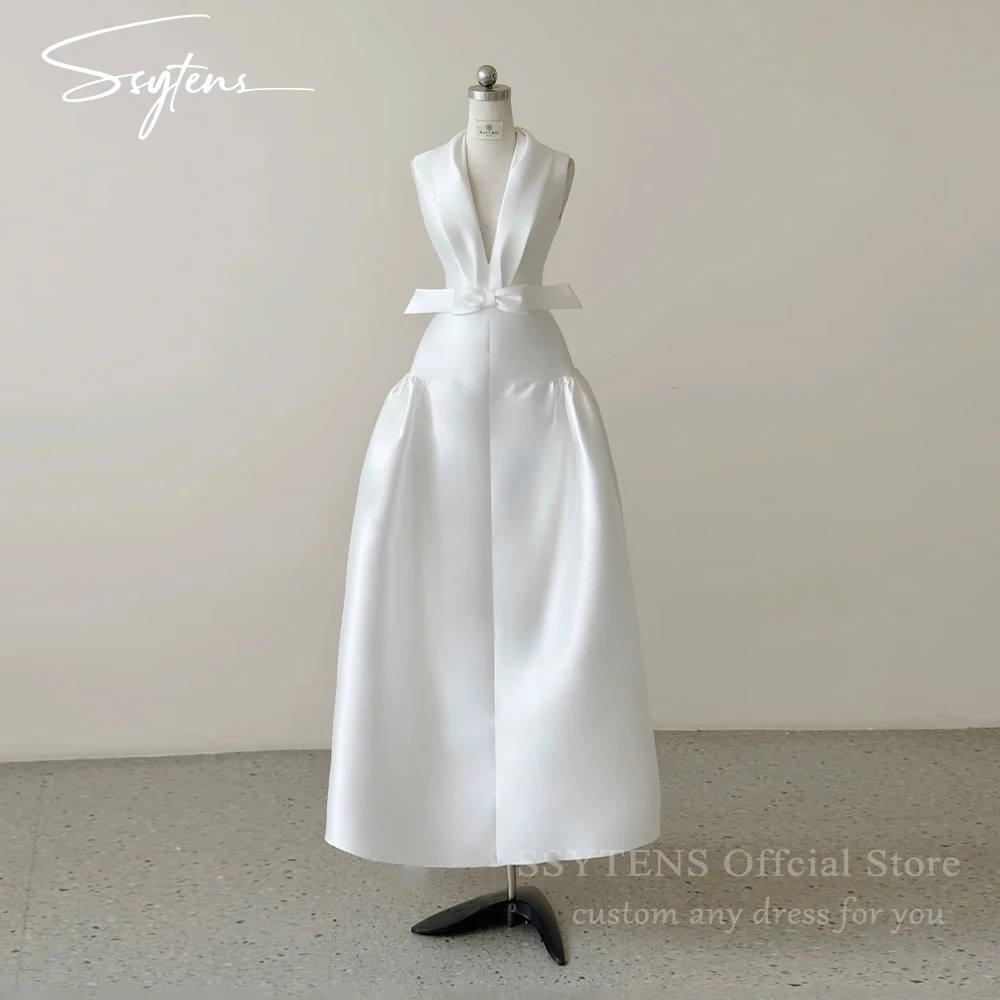 

SSYTENS Sleeveless White Wedding Dresses Satin Oversize Bow A Line Bridal Gowns Deep V Neckline Wedding Party Dress Customized