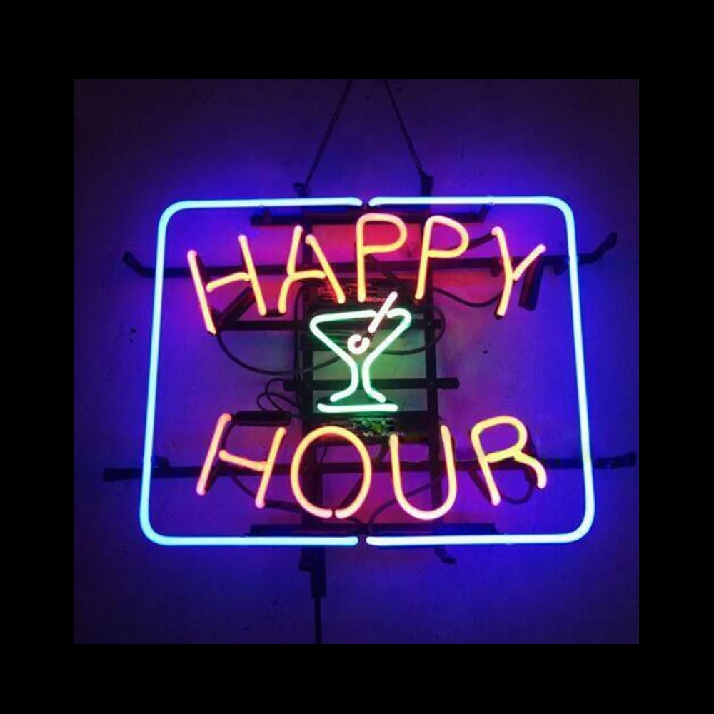 HAPPY HOUR Lemon Drinks Neon Light Sign Custom Handmade Real Glass Tube Bar Store Advertise Display Lamp Room Decoration