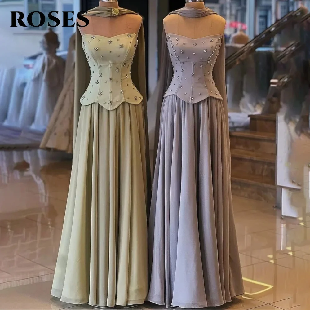 

ROSES Mint Green Stain Party Dress с шарфом для женщин Вечернее платье трапециевидной формы без бретелек فساتين السهرة по индивидуальному заказу