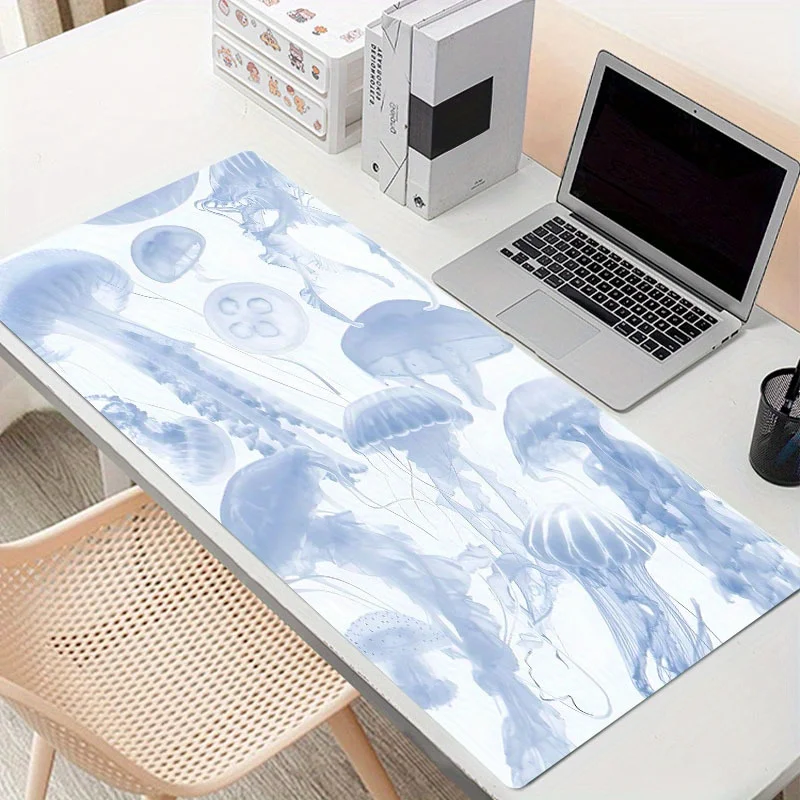 Tapis de souris pour femme, cheveux longs, méduse bleu clair, grand tapis de clavier d'ordinateur avec Base en caoutchouc antidérapante, bord cousu, cadeau
