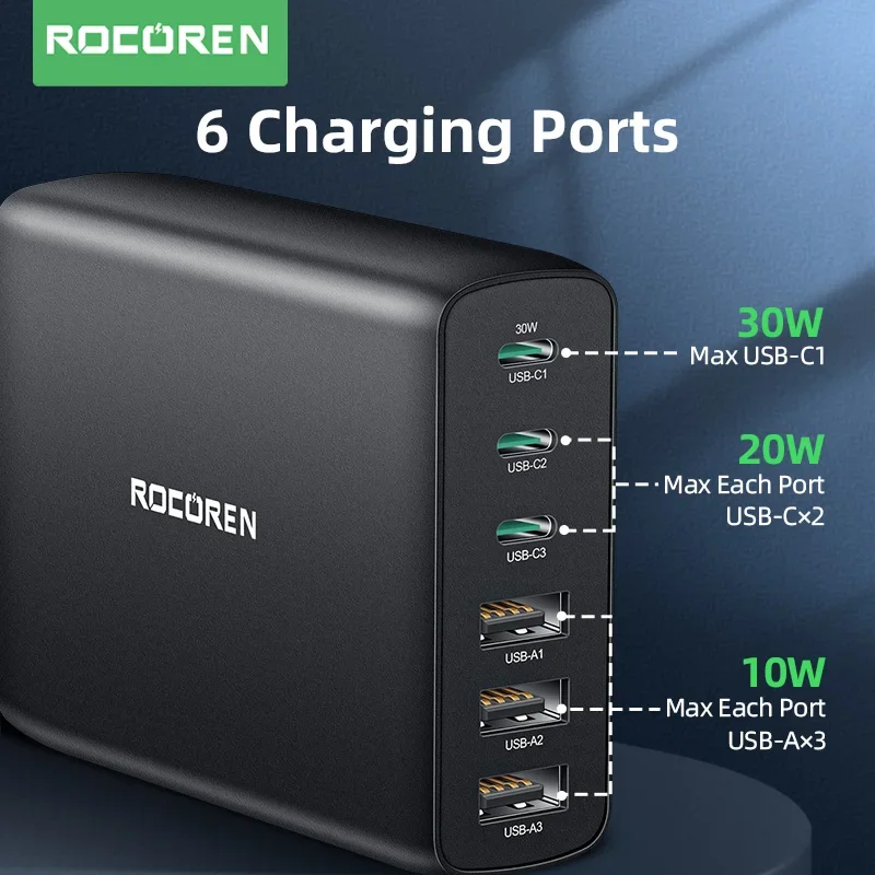 Rocoren 100W USB Charger Type C PD Fast Charging Multiple 6 Ports Desktop Charger Station For iPhone 14 Pro Xiaomi Samsung POCO